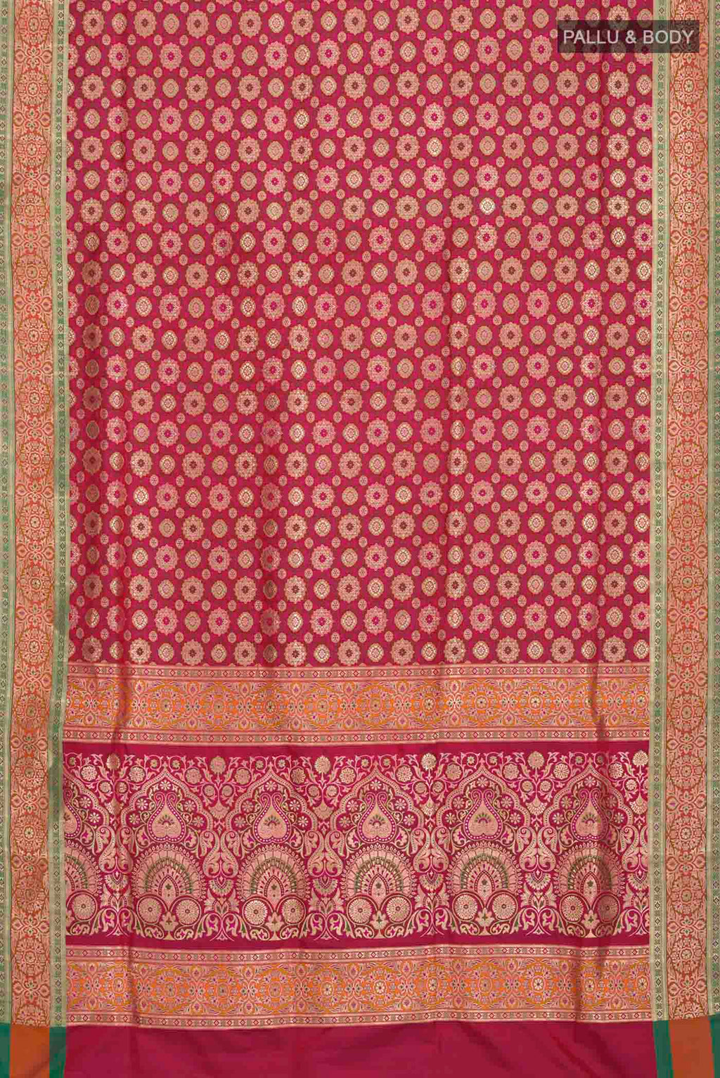 Flat view of Pink Banarasi Silk Saree with Jacquard With Zari Butta on the body and Zari Border