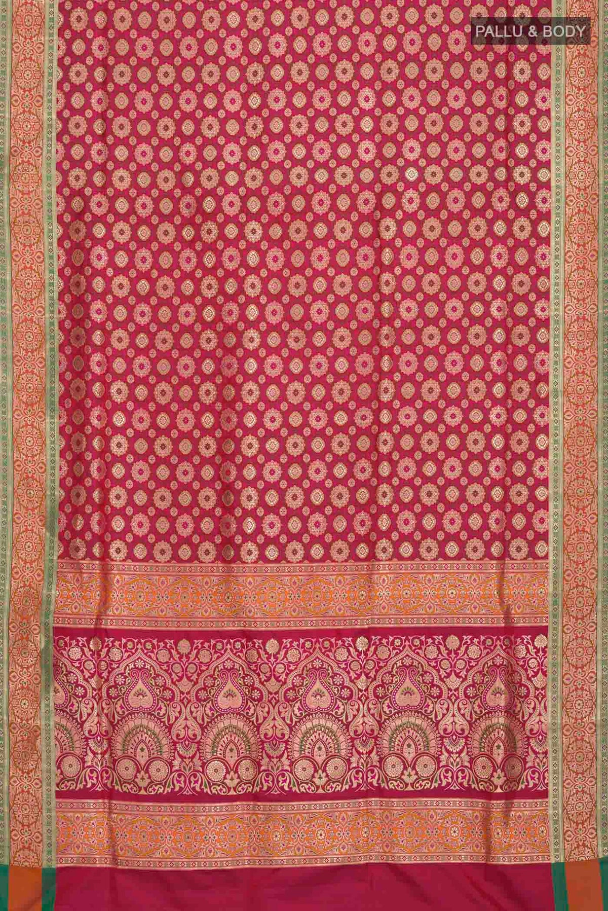 Flat view of Pink Banarasi Silk Saree with Jacquard With Zari Butta on the body and Zari Border