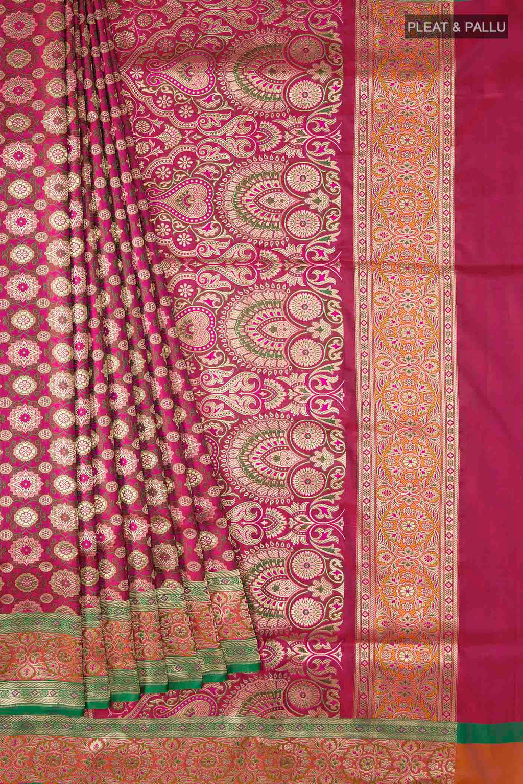 Pleats and pallu of Pink Banarasi Silk Saree with Jacquard With Zari Butta on the body and Zari Border