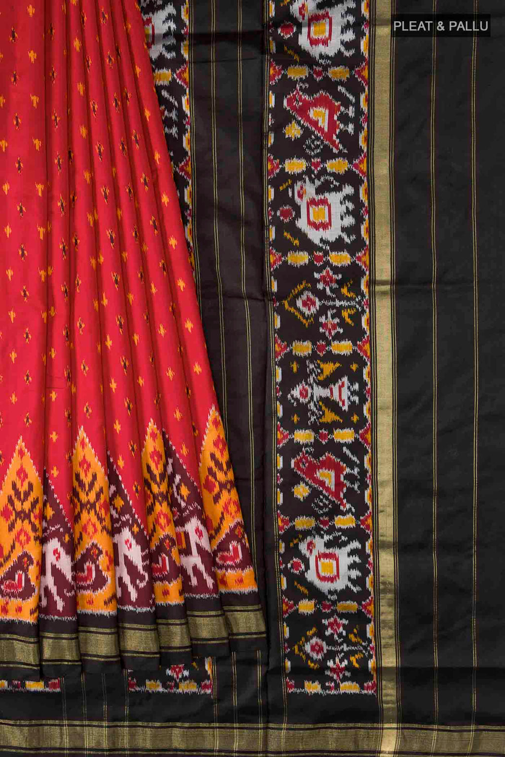 Pleats and pallu of Red Pochampally Silk Saree with Pure Ikat on the body and Zari Border