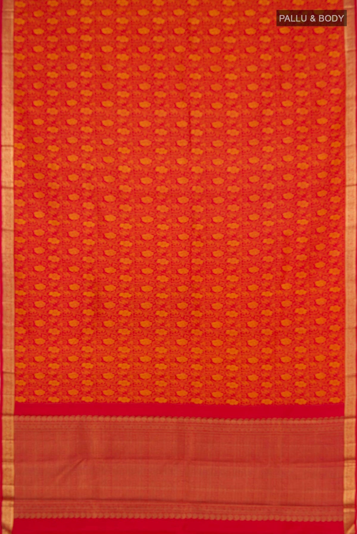 Flat view of Pure Silk Pure Zari Red Kanjivaram Saree with Jacquard design on the body and Zari Border. 
