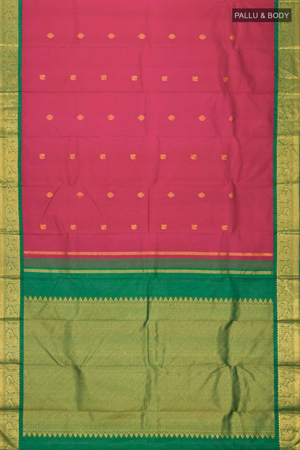 Flat view of Magenta Kanchipuram Silk Saree with Zari Butta on the body and Zari Border