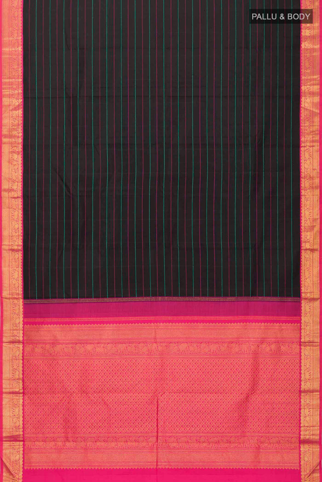 Flat view of Black Kanchipuram Silk Saree with Stripes on the body and Zari Border