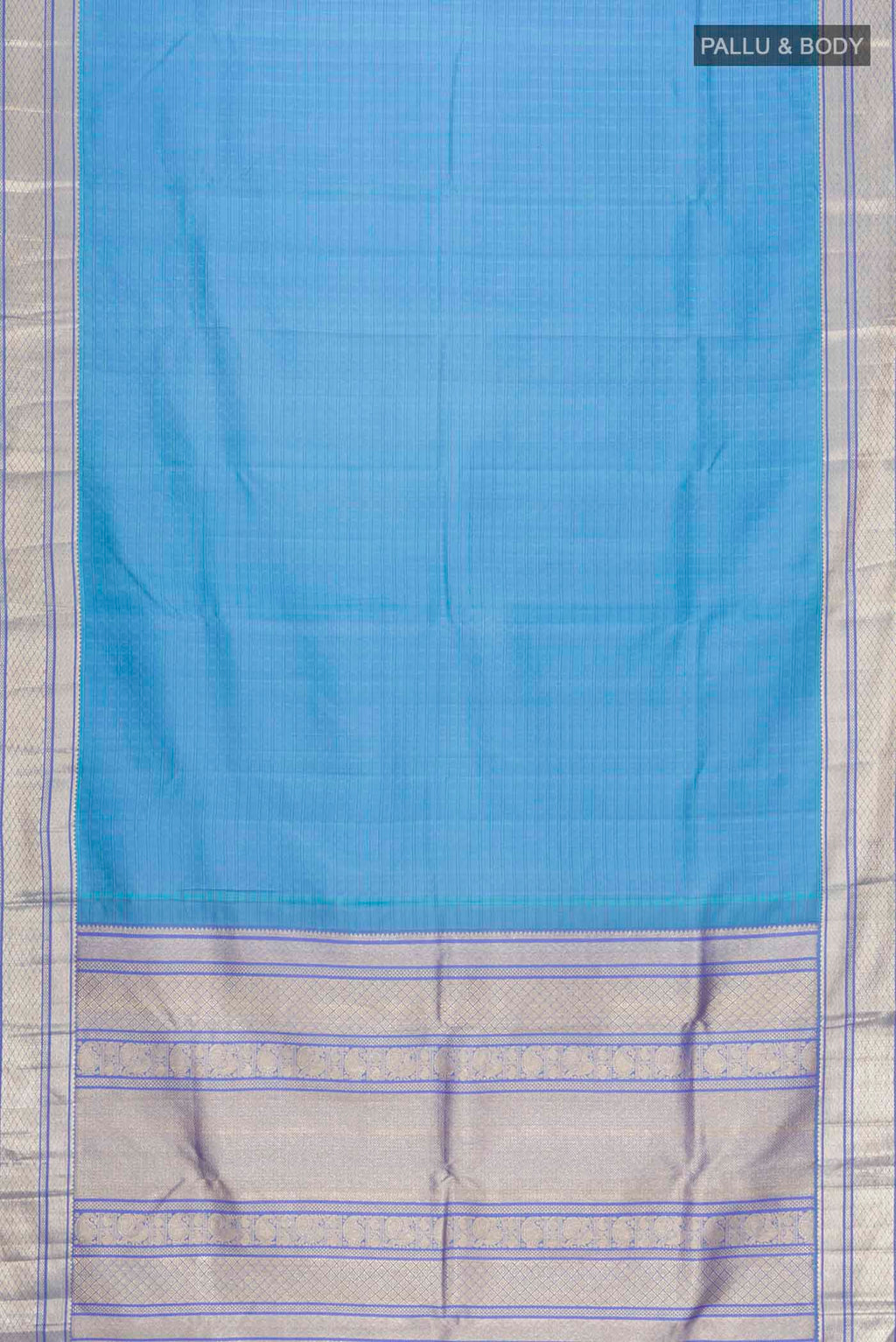 Flat view of Blue Kanchipuram Silk Saree with Thread Butta on the body and Zari Border