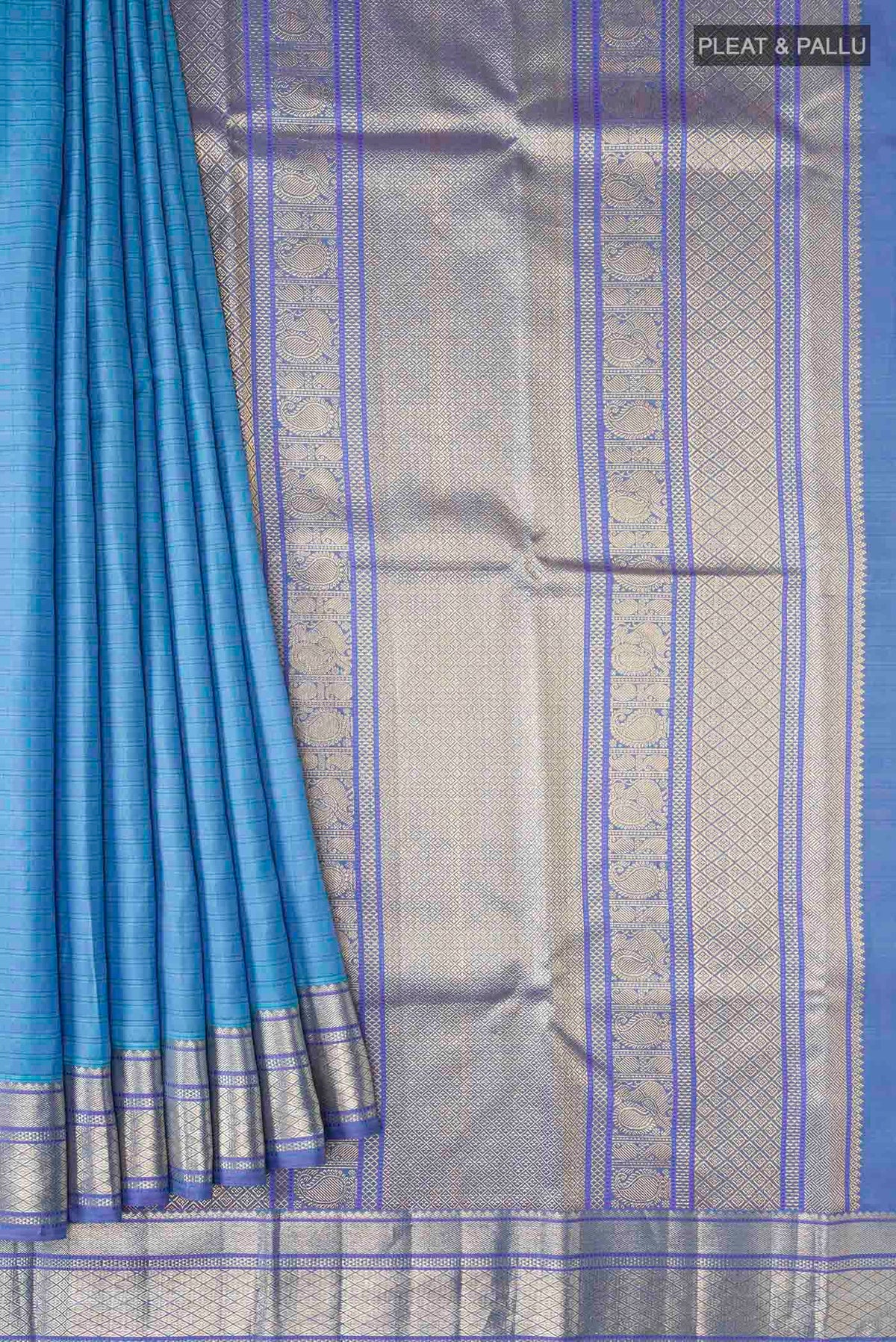 Pleats and pallu of Blue Kanchipuram Silk Saree with Thread Butta on the body and Zari Border