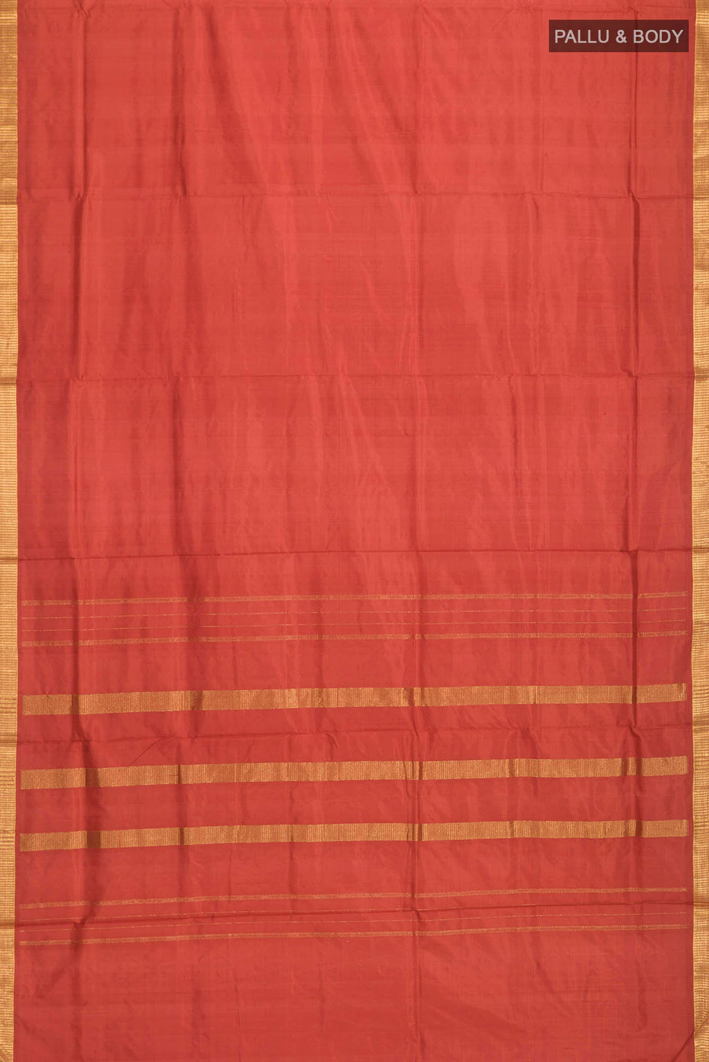 Flat view of Rust Kanchipuram Silk Nine Yards Saree with Plain Body and Zari Border