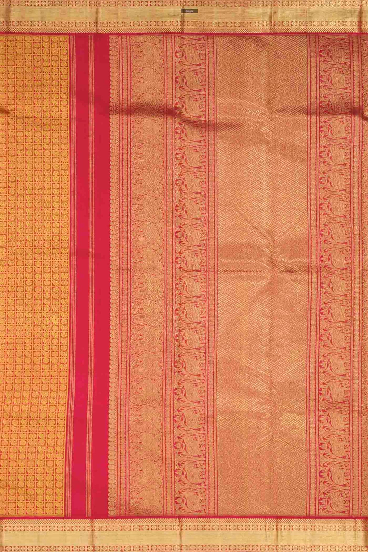 Close up image of the pallu of Maroon Kanchipuram Silk Saree with Jacquard design on the body and Zari Border