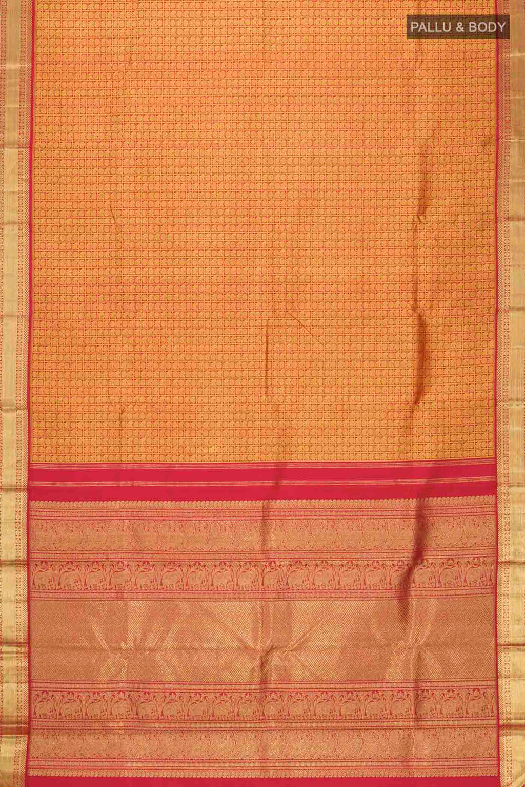 Flat view of Maroon Kanchipuram Silk Saree with Jacquard design on the body and Zari Border