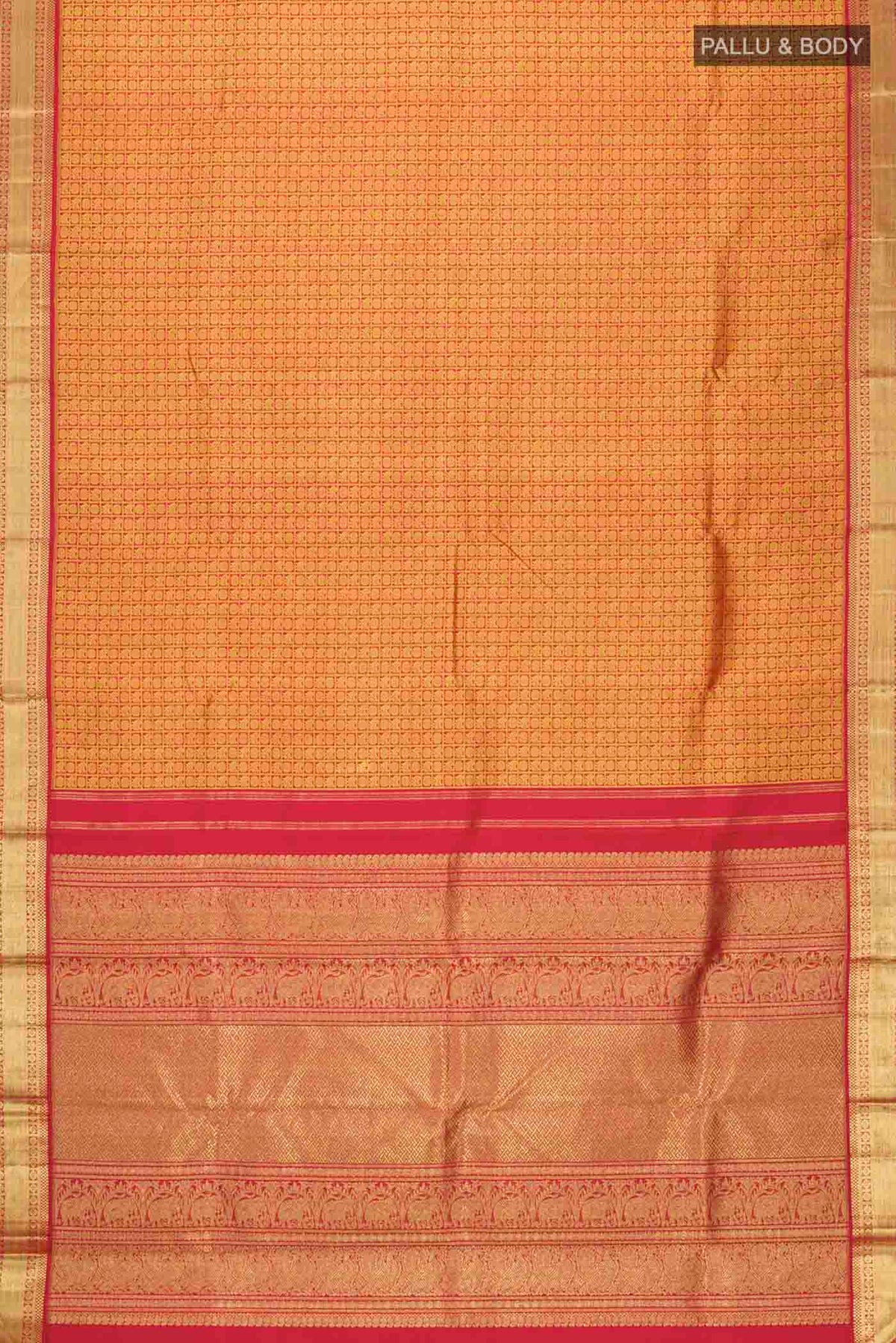 Flat view of Maroon Kanchipuram Silk Saree with Jacquard design on the body and Zari Border