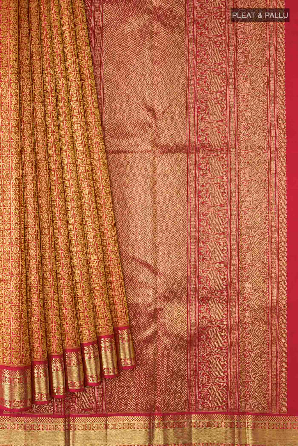 Pleats and pallu of Maroon Kanchipuram Silk Saree with Jacquard design on the body and Zari Border