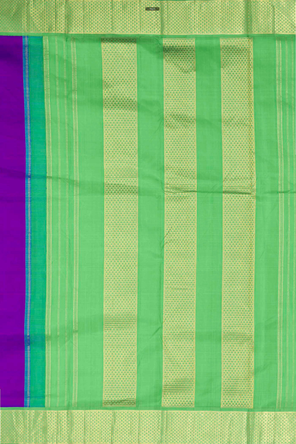 Close up image of the pallu of Purple Kanchipuram Silk Nine Yards Saree with Plain Body and Zari Border