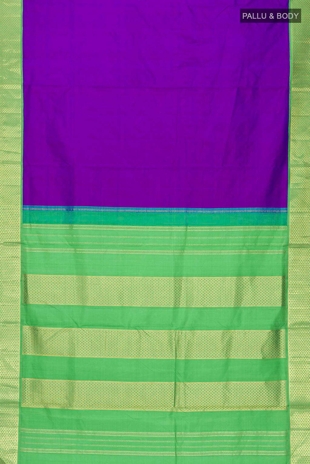 Flat view of Purple Kanchipuram Silk Nine Yards Saree with Plain Body and Zari Border