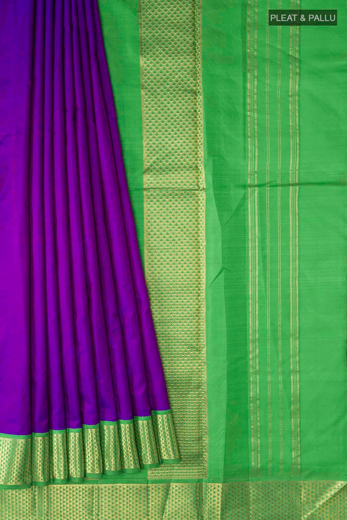 Pleats and pallu of Purple Kanchipuram Silk Nine Yards Saree with Plain Body and Zari Border