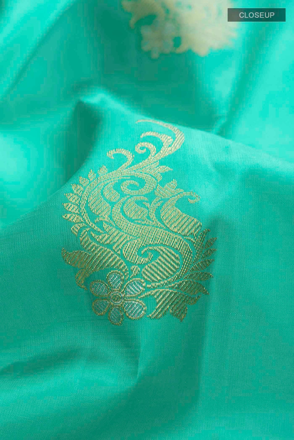 Close up of Green Kanchipuram Silk Saree with Zari Butta on the body and Zari Border displaying folds