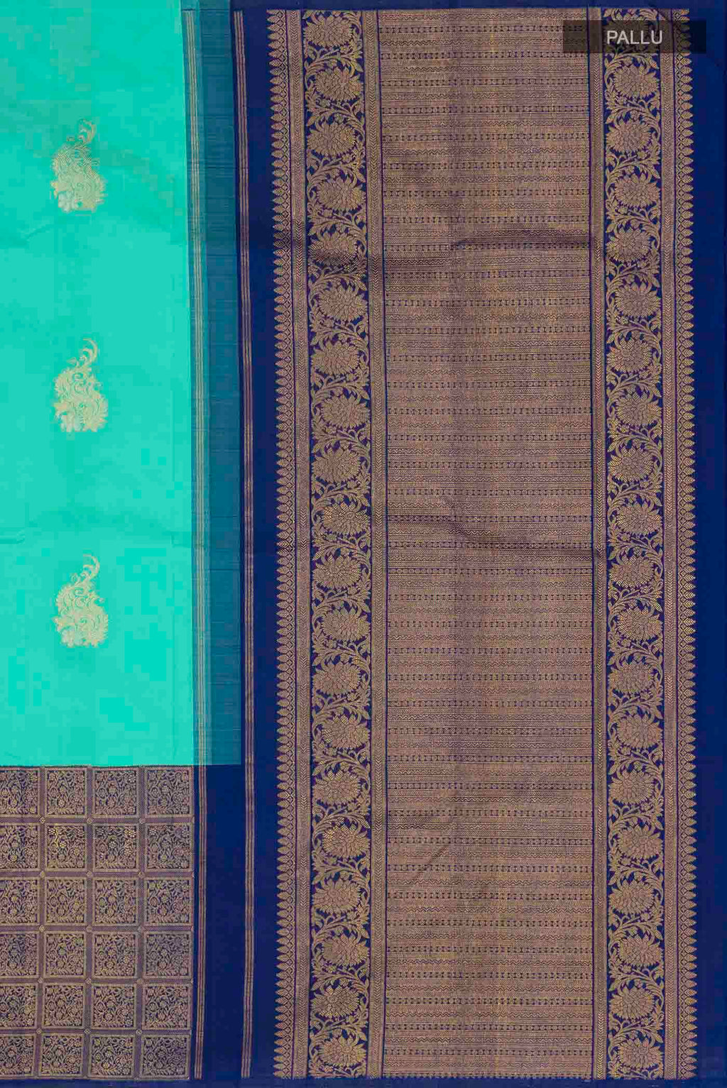 Close up image of the pallu of Green Kanchipuram Silk Saree with Zari Butta on the body and Zari Border