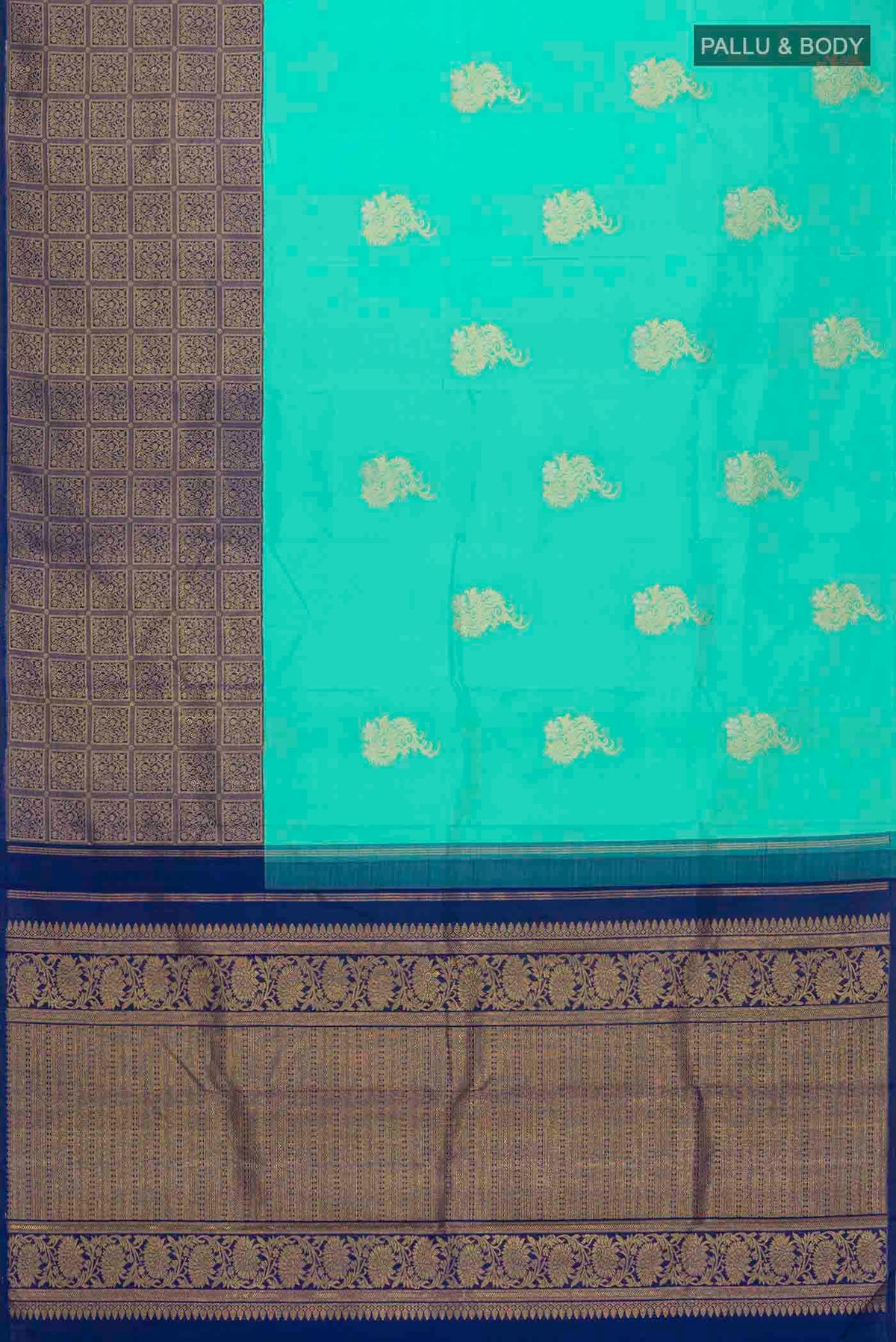 Flat view of Green Kanchipuram Silk Saree with Zari Butta on the body and Zari Border