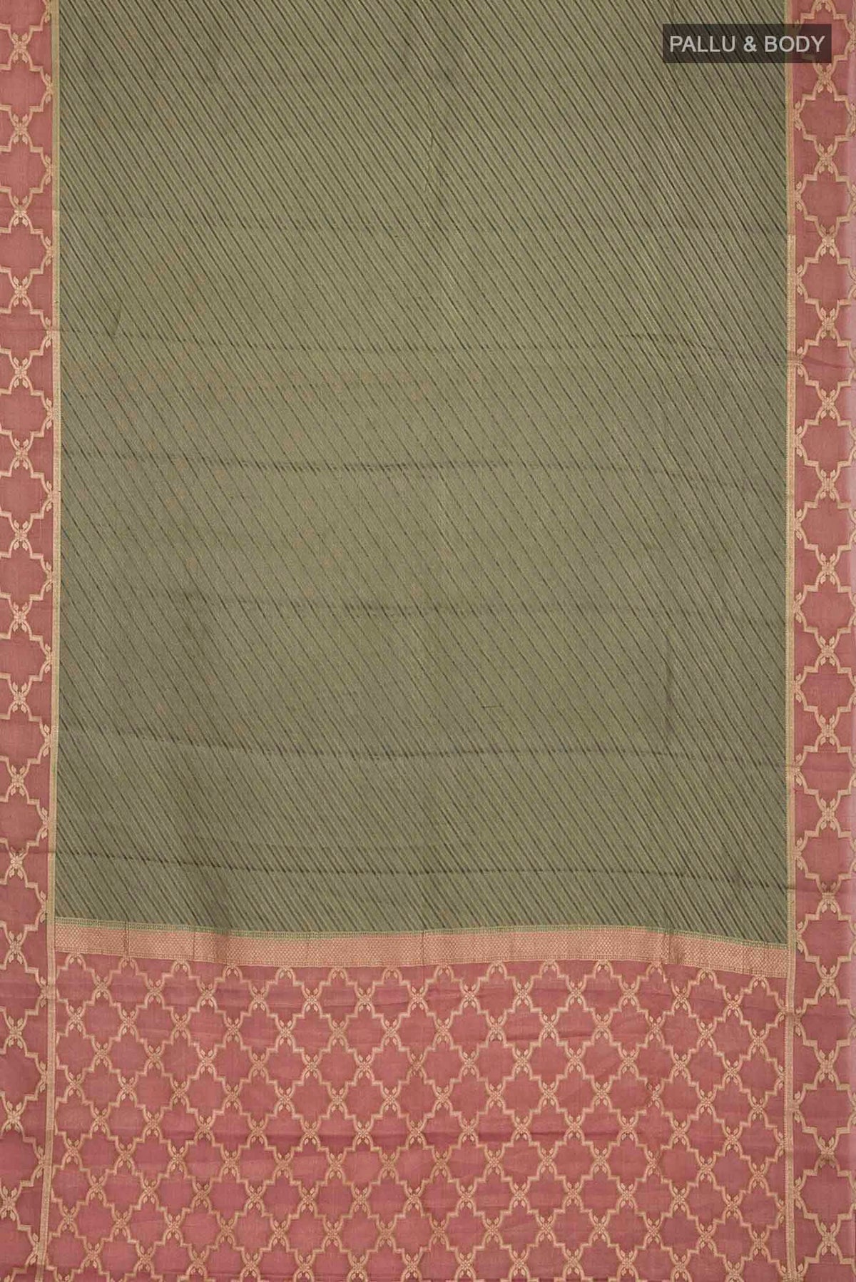 Flat view of Bottle Green Mysore Georgette Saree with Stripes on the body and Zari Border