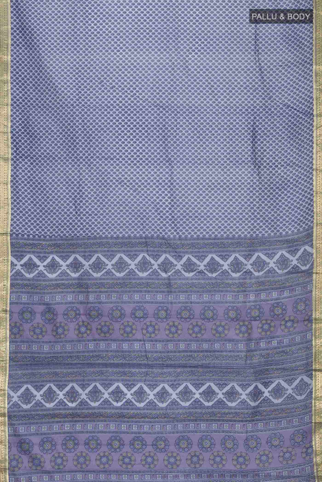 Flat view of Lilac Printed Silk Saree with Printed design on the body and Zari Border