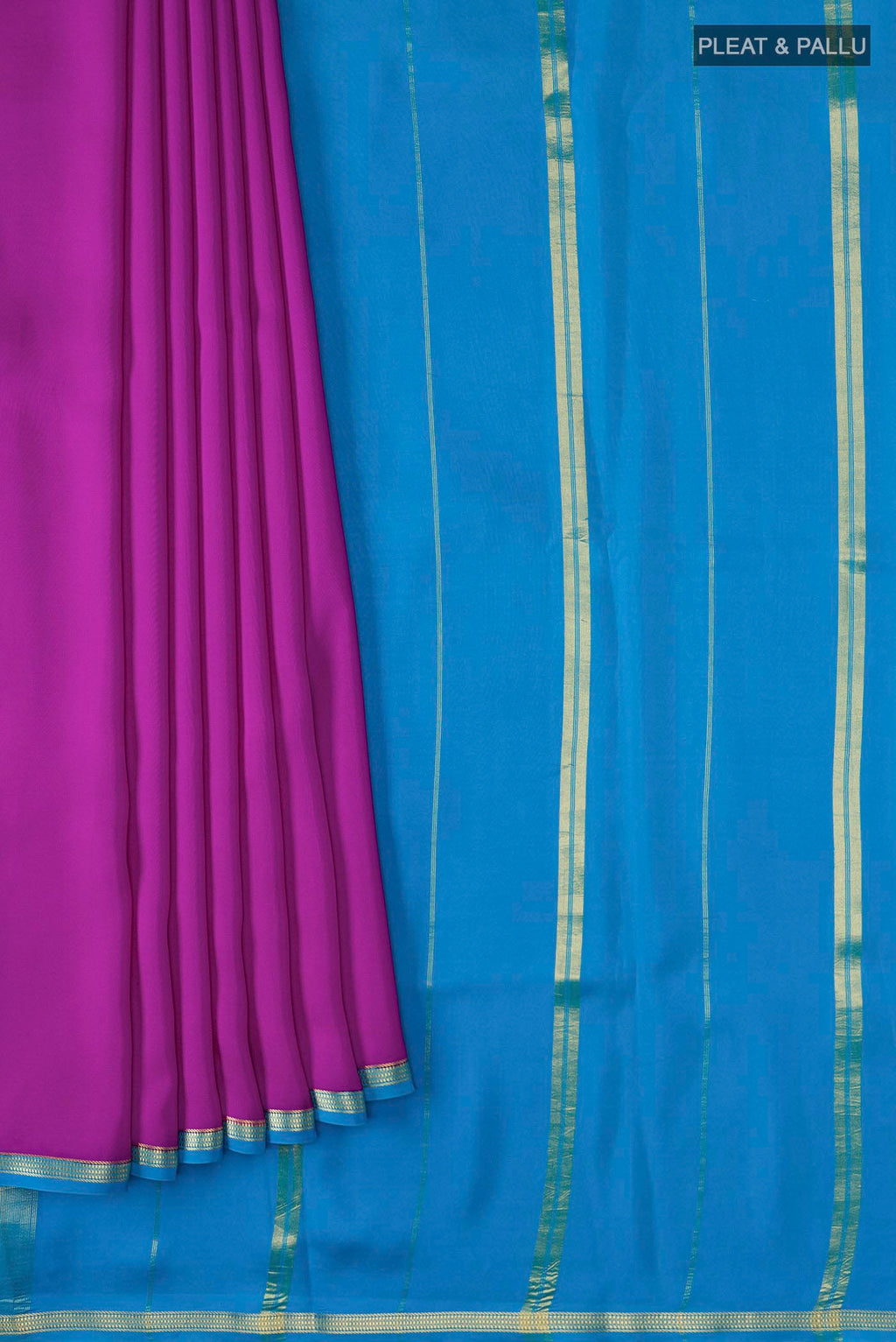 Pleats and pallu of Pure Silk Pure Zari Purple Mysore Crepe Saree with Plain Body and Zari Border
