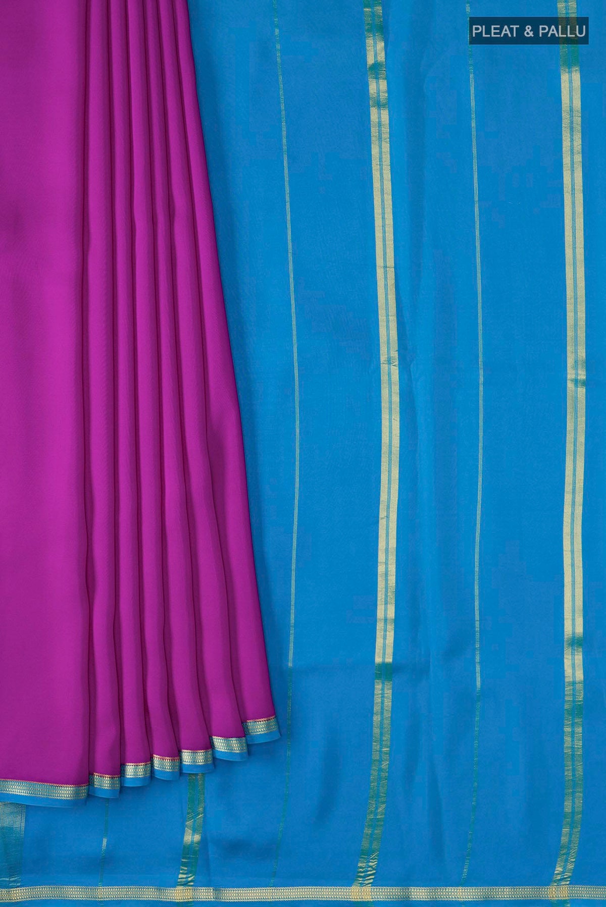 Pleats and pallu of Pure Silk Pure Zari Purple Mysore Crepe Saree with Plain Body and Zari Border