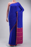 Pure Silk Pure Zari Royal Blue Mysore Crepe Saree with Plain Body and Zari Border displayed on a mannequin