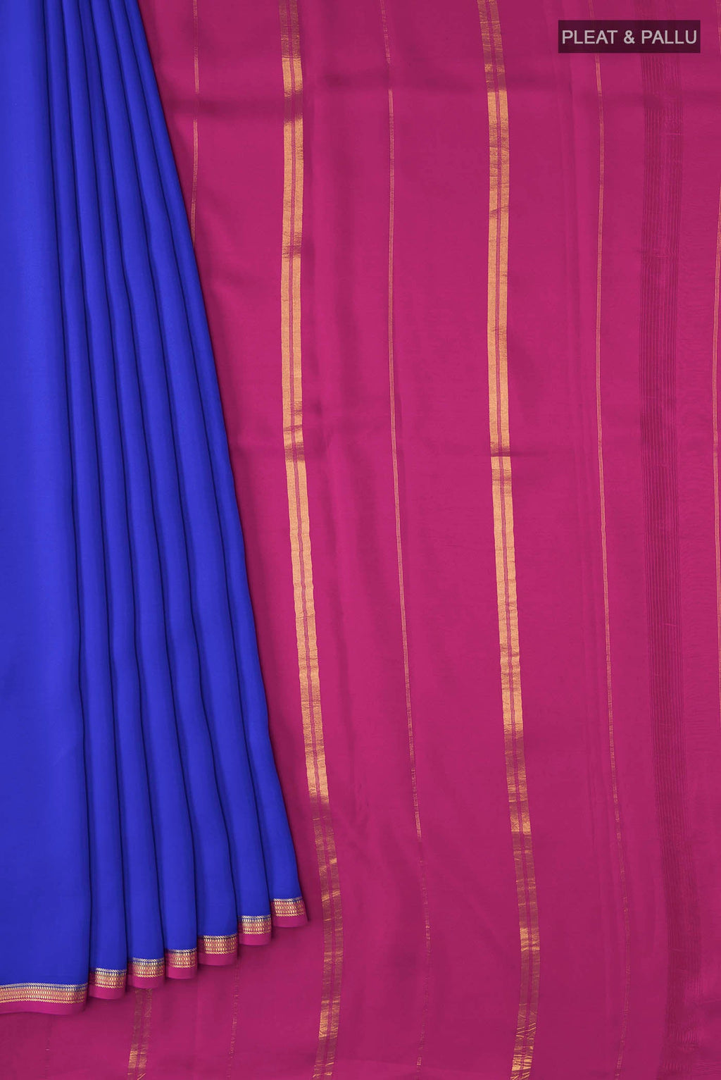 Pleats and pallu of Pure Silk Pure Zari Royal Blue Mysore Crepe Saree with Plain Body and Zari Border
