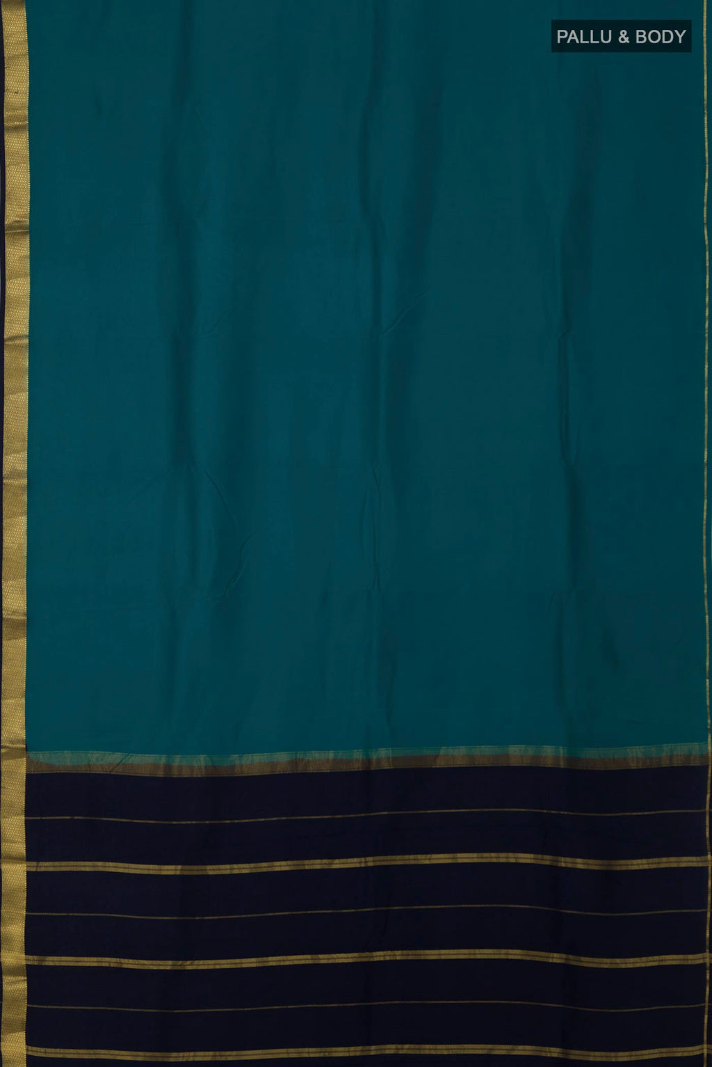 Flat view of Pure Silk Pure Zari Peacock Blue Mysore Silk Saree with Plain Body and Zari Border. 