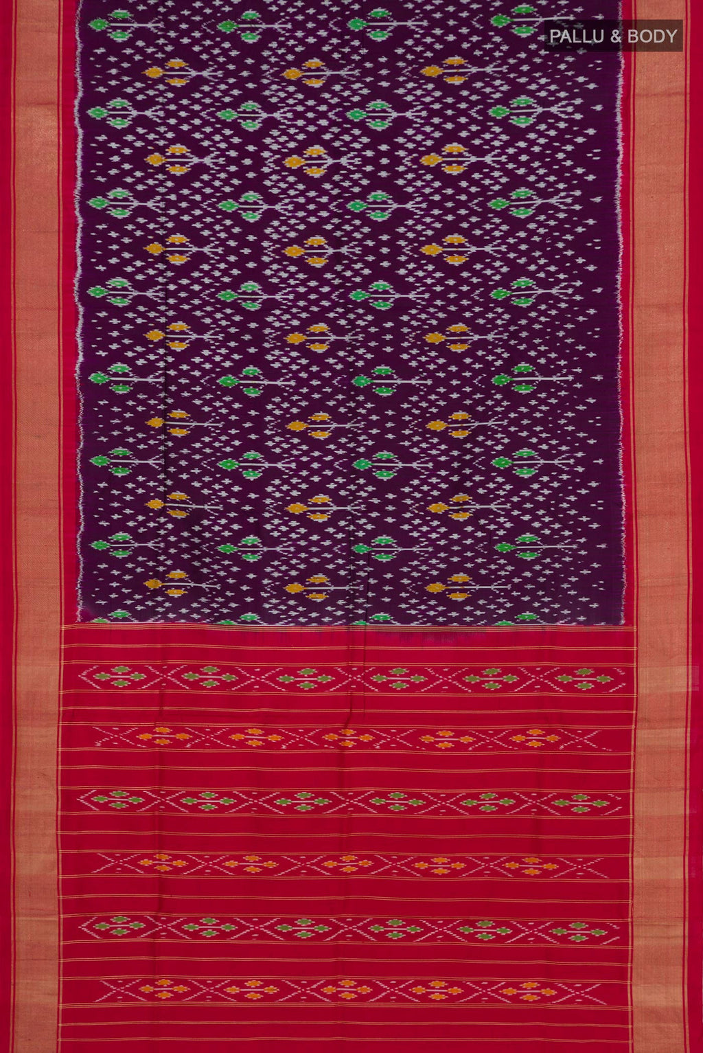 Flat view of Purple Pochampally Silk Saree with Ikat Print on the body and Zari Border. 