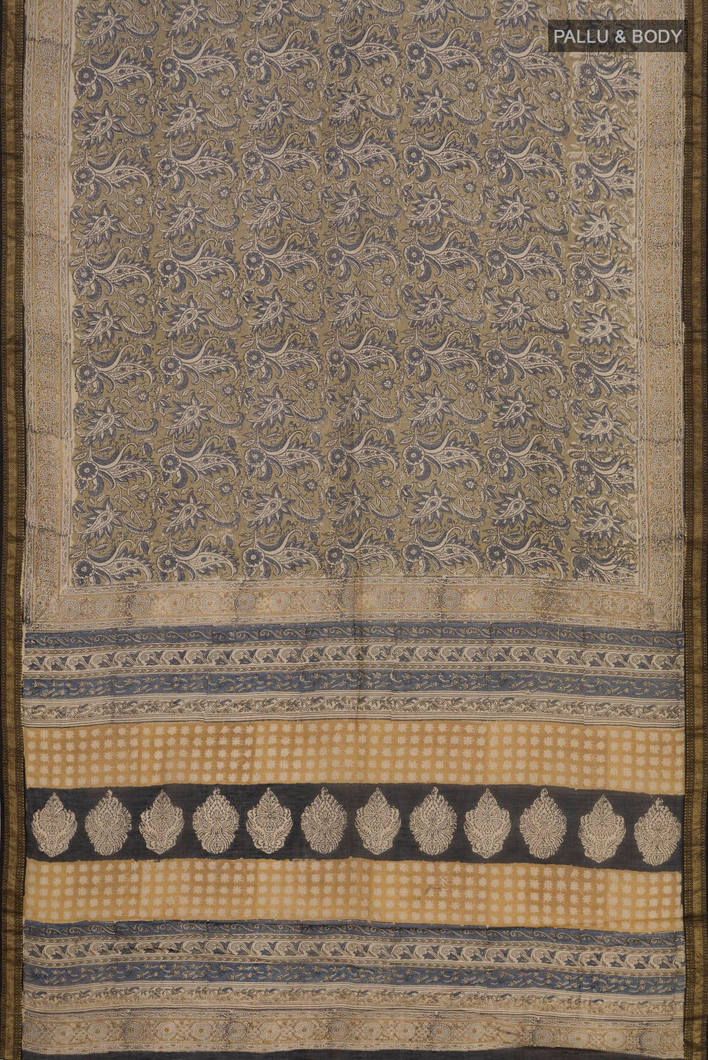 Flat view of Mehandi Green Maheshwari Silk Cotton Saree with Printed design on the body and Zari Border. 