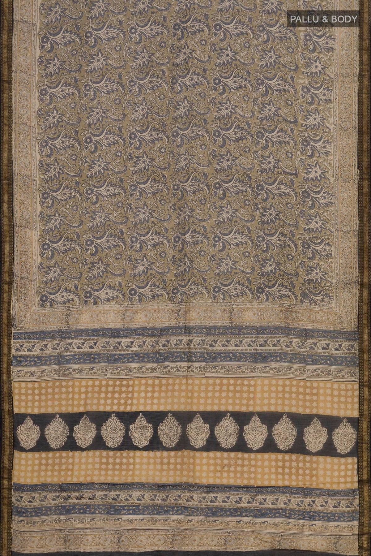 Flat view of Mehandi Green Maheshwari Silk Cotton Saree with Printed design on the body and Zari Border. 