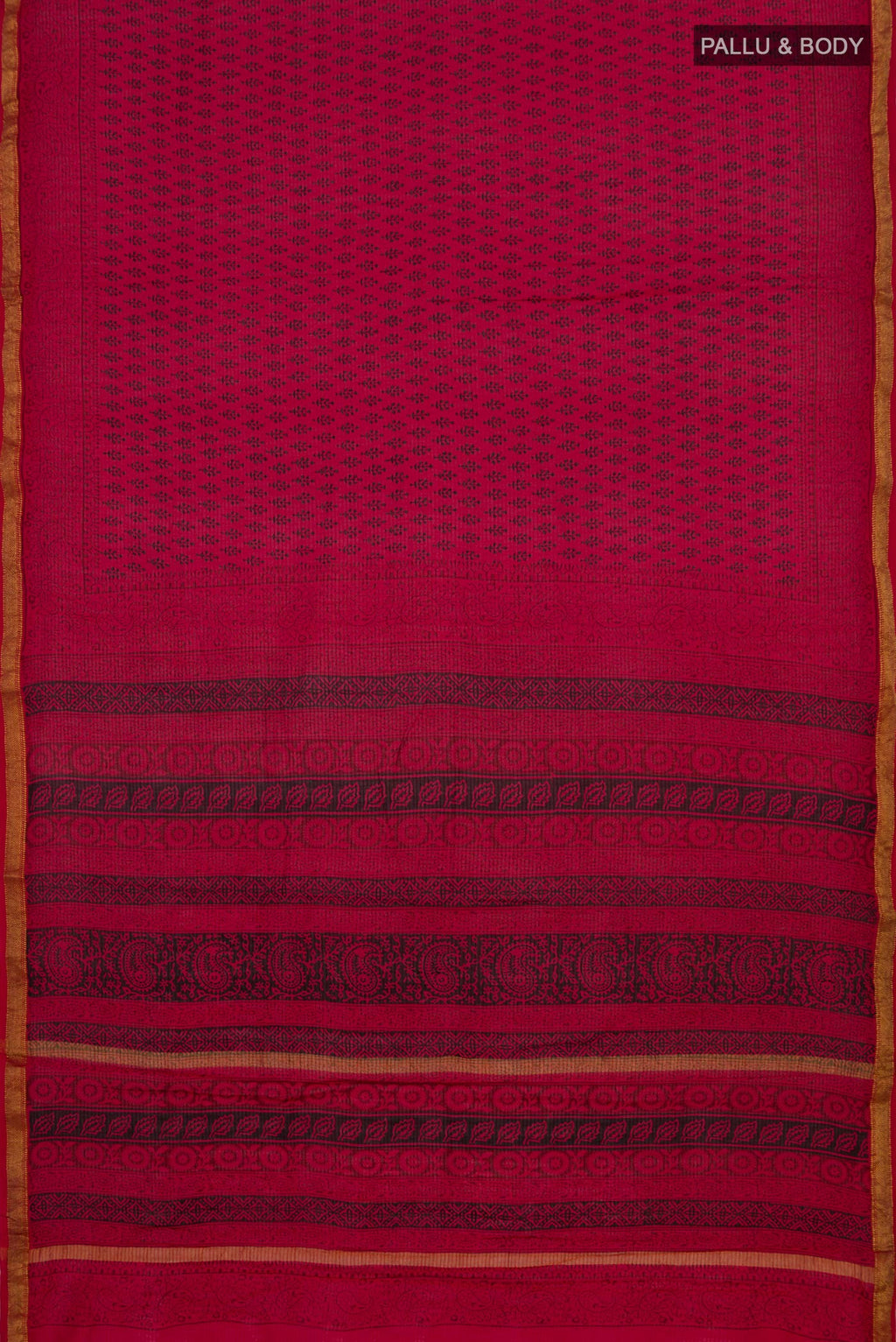 Flat view of Red Maheshwari Silk Cotton Saree with Printed design on the body and Zari Border. 