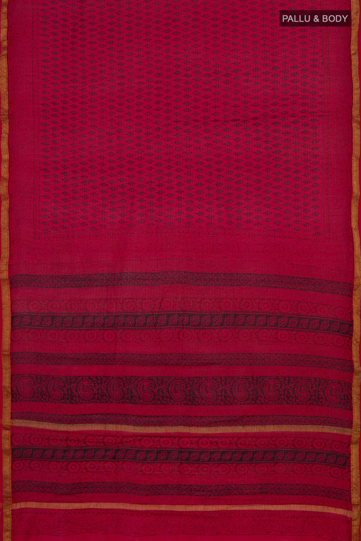 Flat view of Red Maheshwari Silk Cotton Saree with Printed design on the body and Zari Border. 