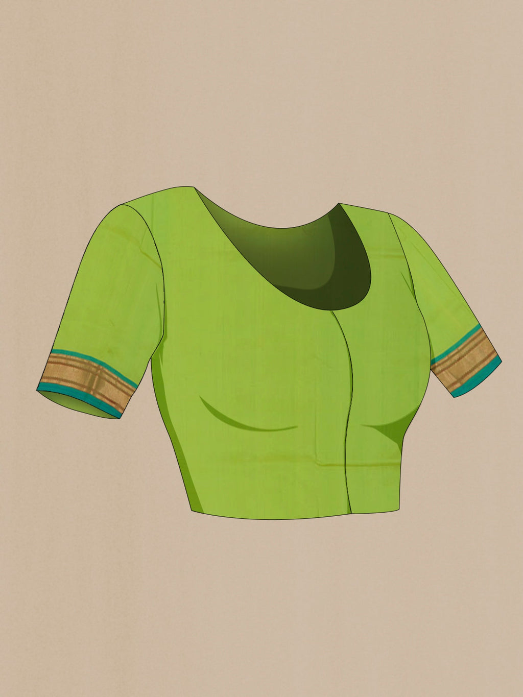 Close up image of the blouse of Green Paithani Silk Saree with Zari Butta on the body and Zari Border. 