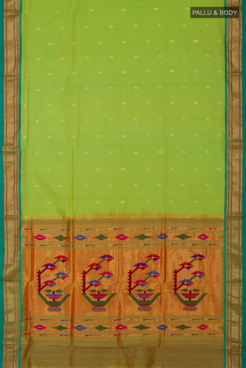 Flat view of Green Paithani Silk Saree with Zari Butta on the body and Zari Border. 