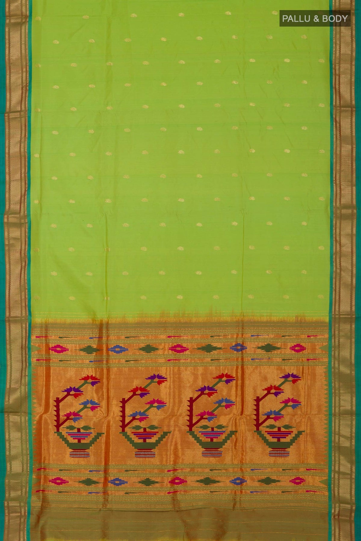 Flat view of Green Paithani Silk Saree with Zari Butta on the body and Zari Border. 