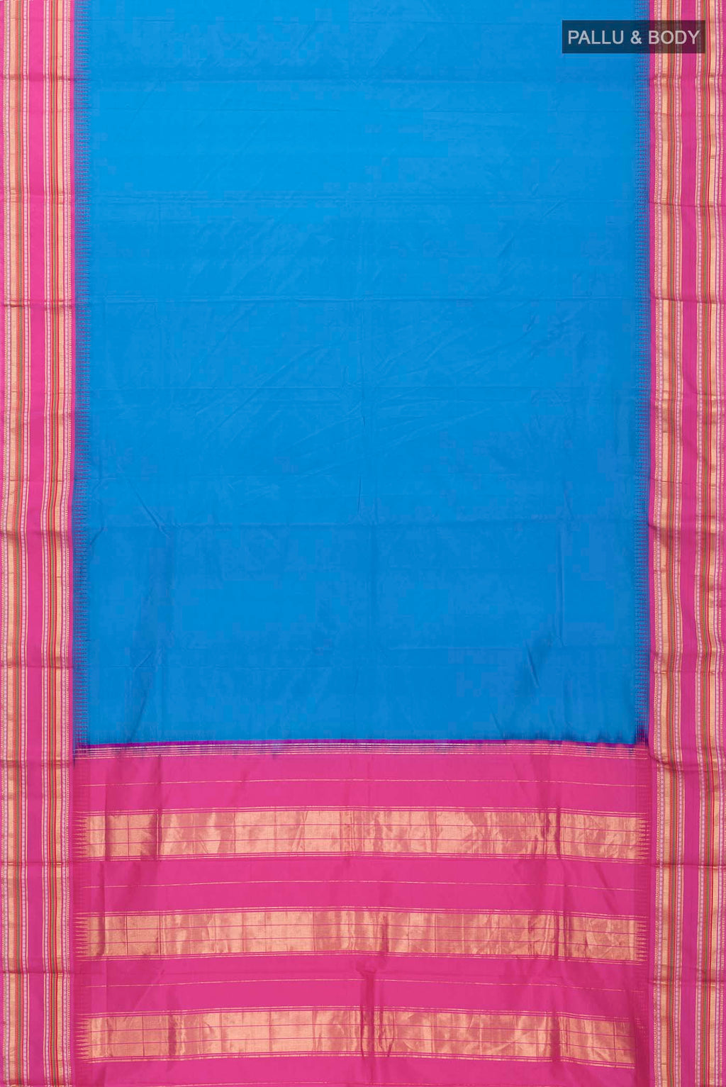 Flat view of Blue Bangalore Silk Saree with Plain Body and Zari Border