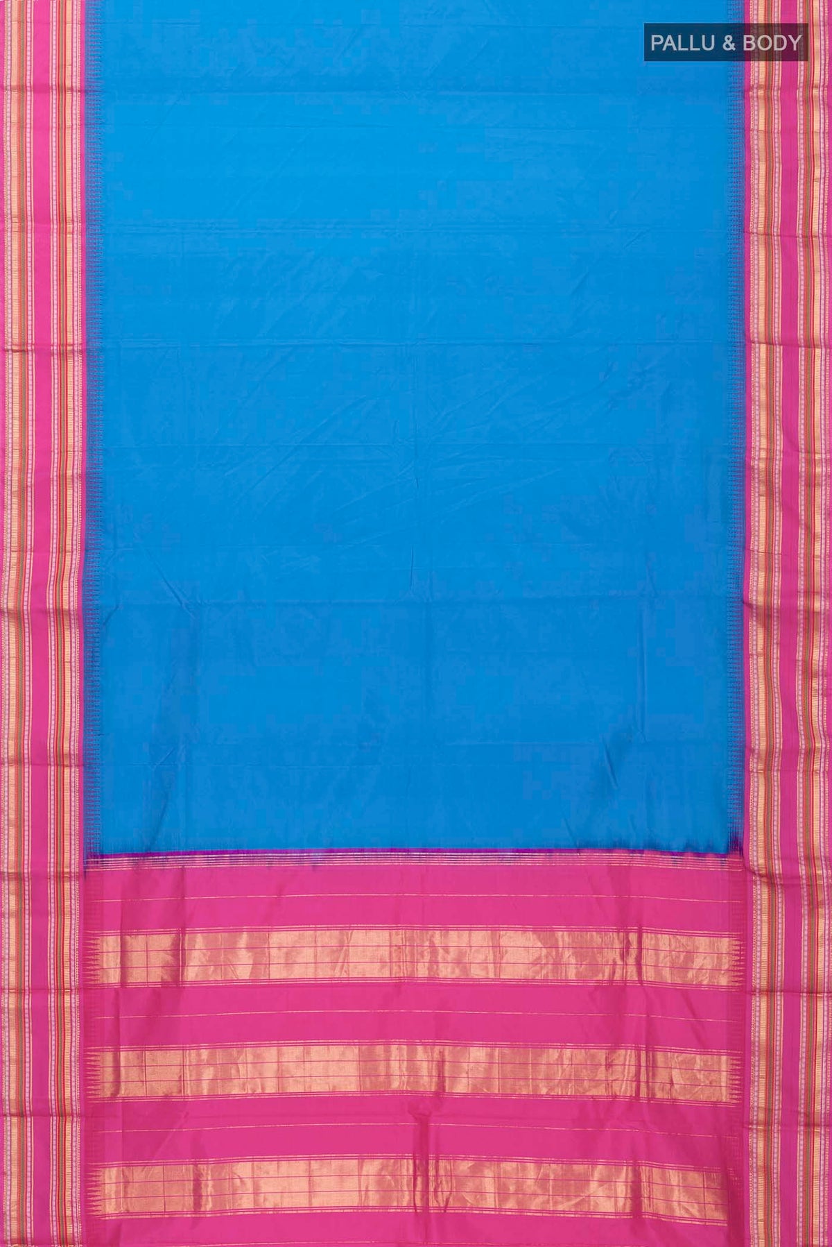 Flat view of Blue Bangalore Silk Saree with Plain Body and Zari Border
