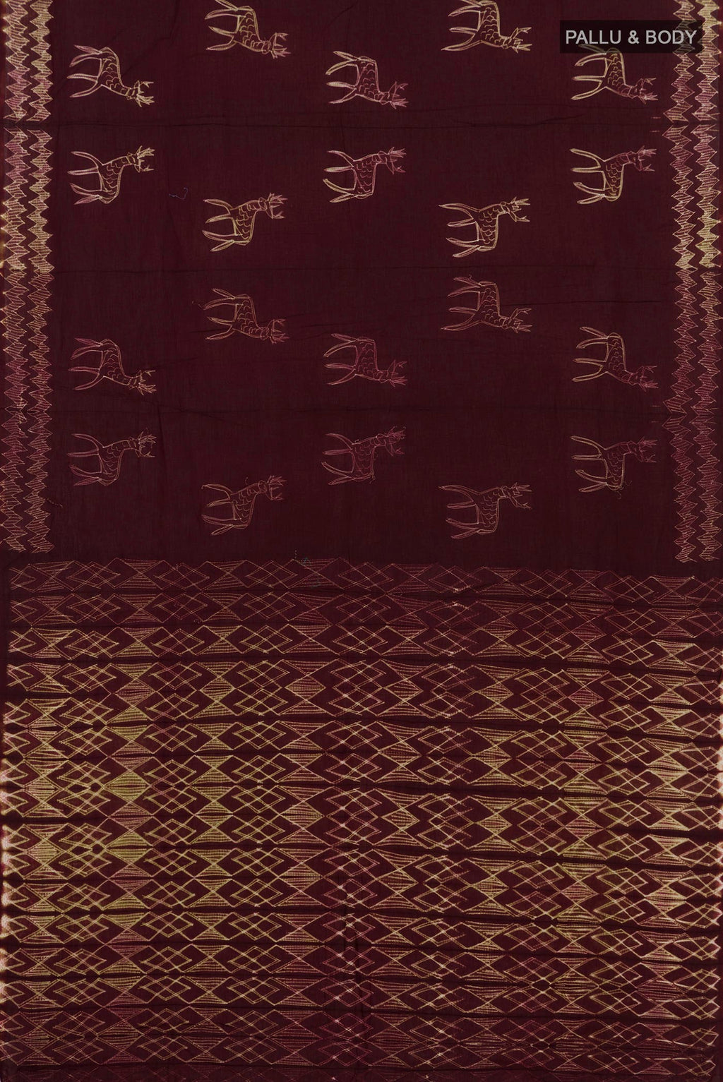 Flat view of Brown Printed Cotton Saree with Printed design on the body and Without Border. 