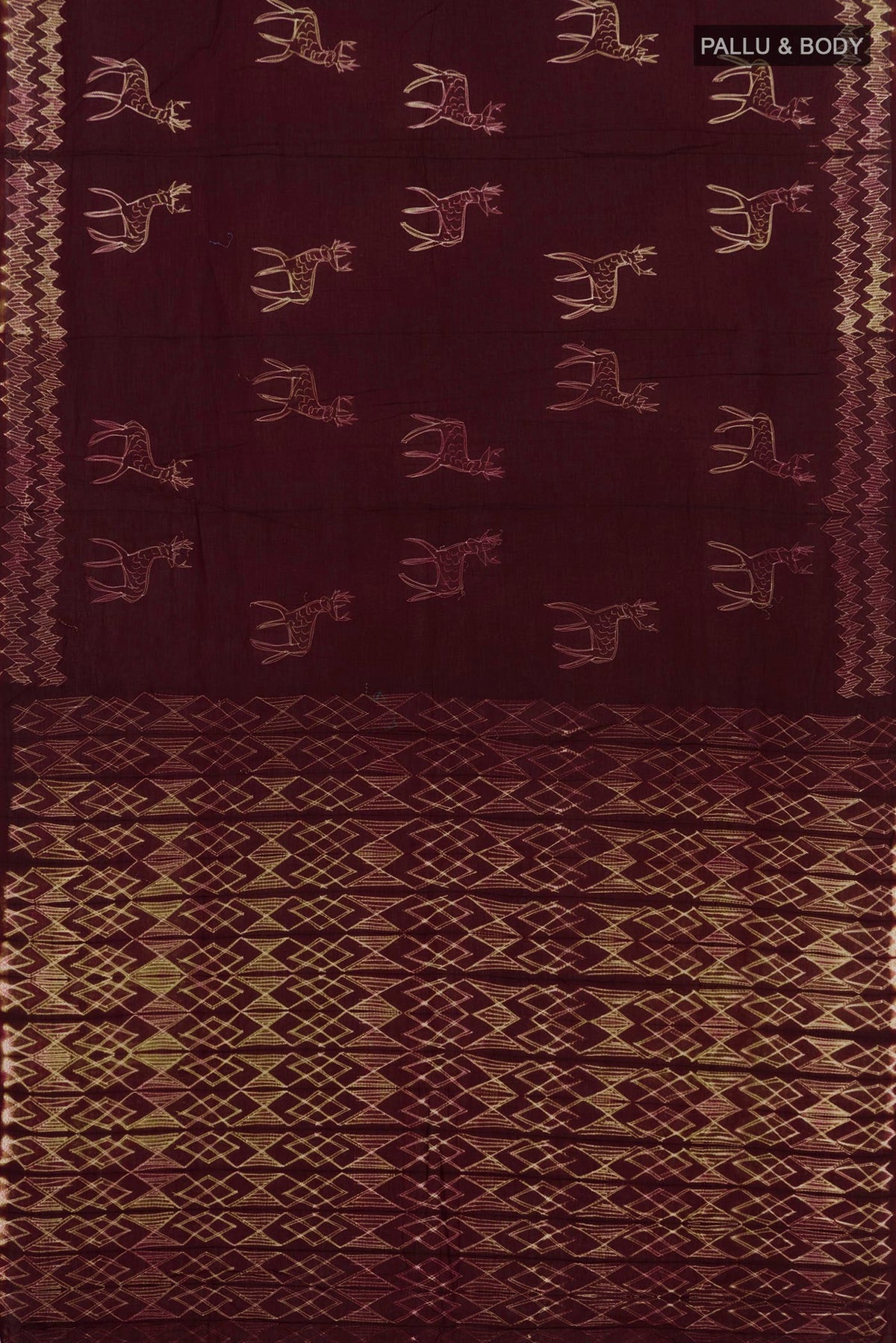 Flat view of Brown Printed Cotton Saree with Printed design on the body and Without Border. 