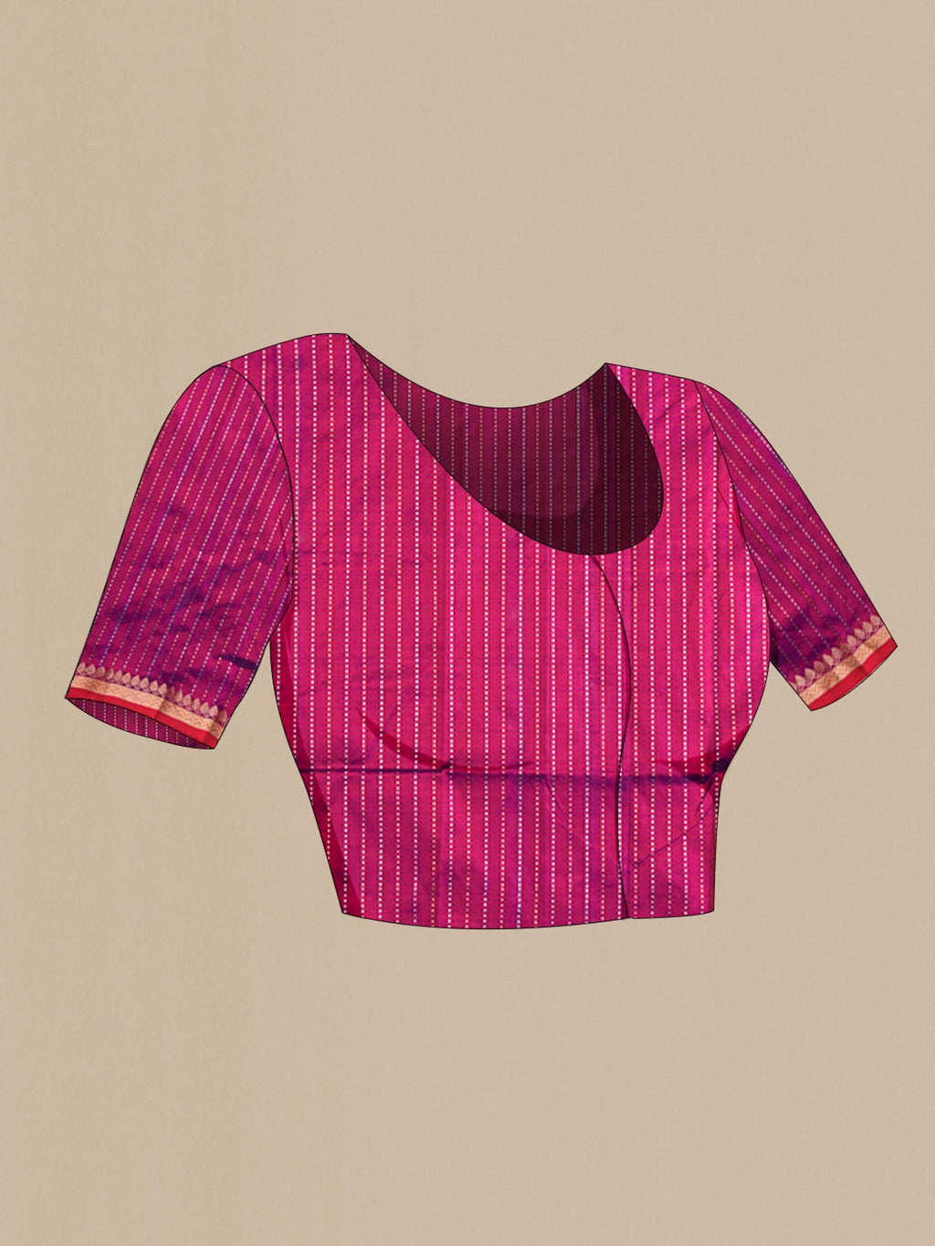 Close up image of the blouse of Purple Banarasi Katan Silk Saree with Zari Butta on the body and Zari Border