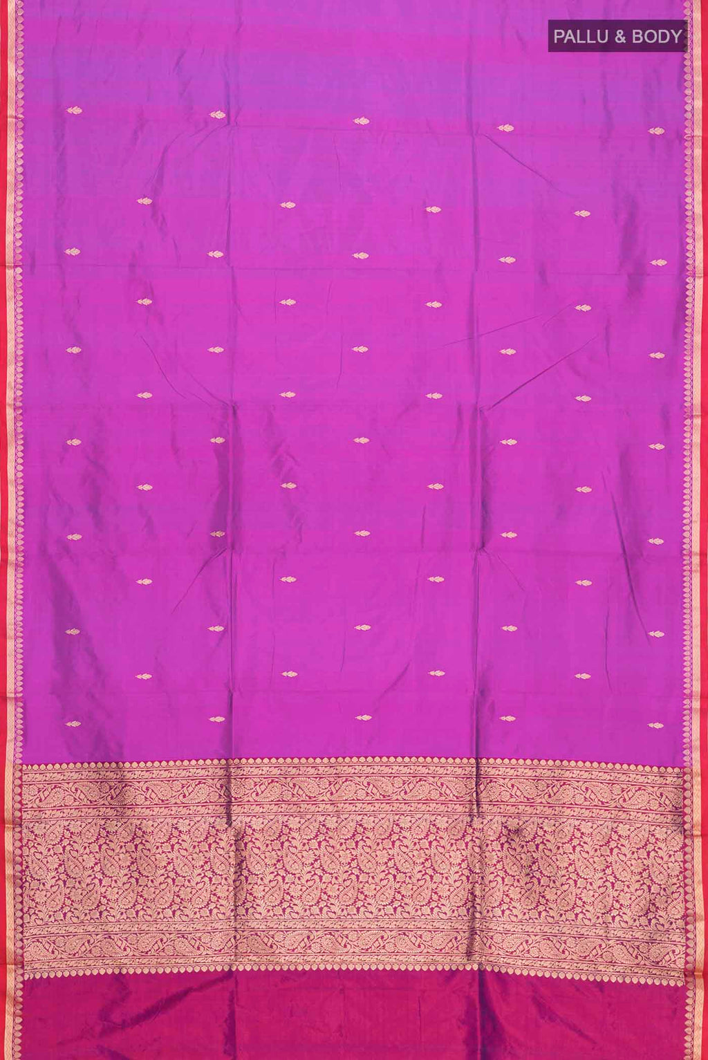 Flat view of Purple Banarasi Katan Silk Saree with Zari Butta on the body and Zari Border