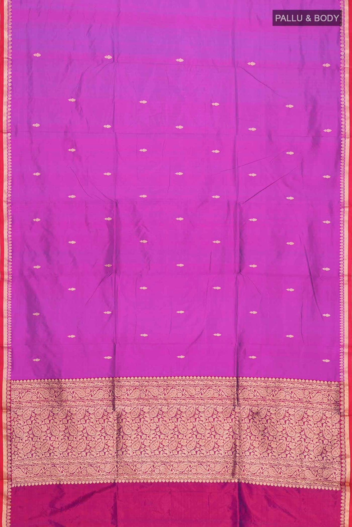 Flat view of Purple Banarasi Katan Silk Saree with Zari Butta on the body and Zari Border