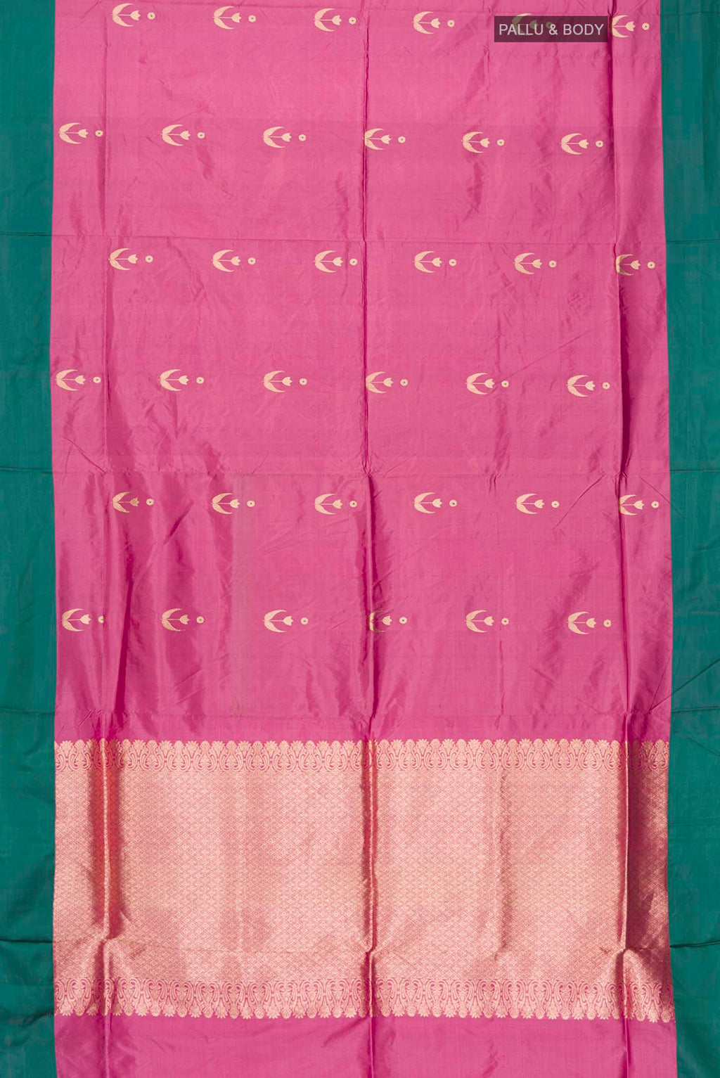 Flat view of Pink Banarasi Katan Silk Saree with Zari Butta on the body and Plain Border