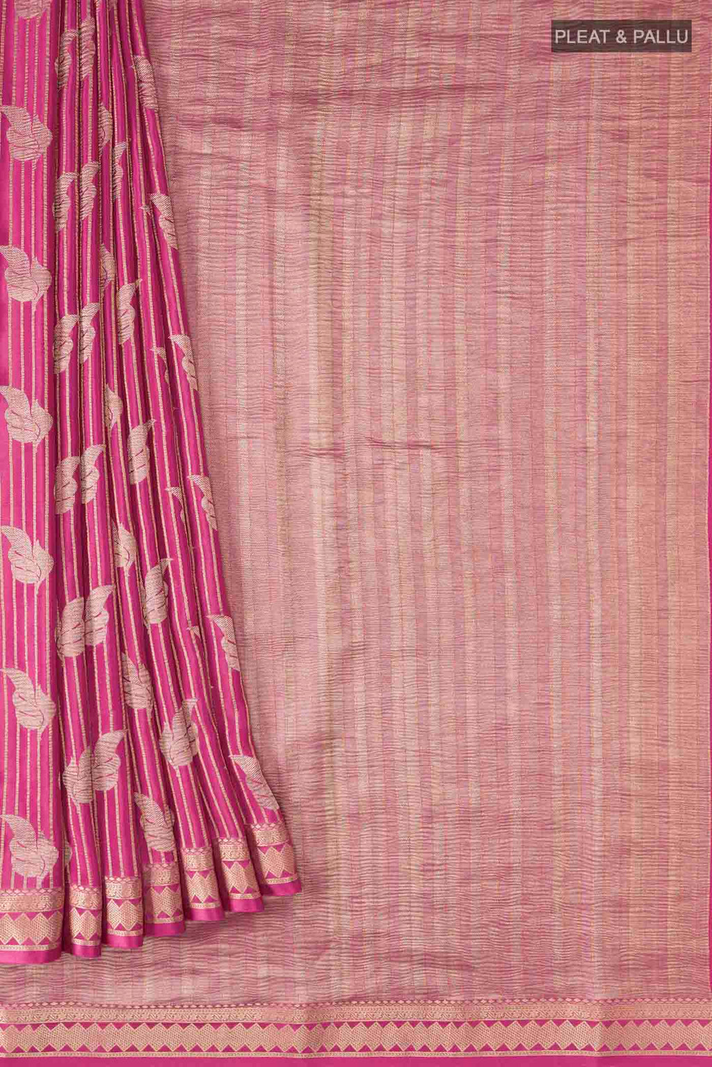 Pleats and pallu of Pink Mysore Crepe Saree with Zari Butta on the body and Zari Border