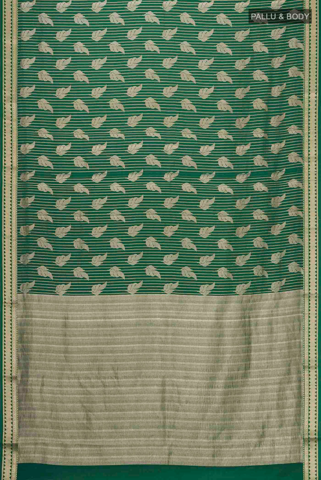 Flat view of Green Mysore Crepe Saree with Zari Butta on the body and Zari Border