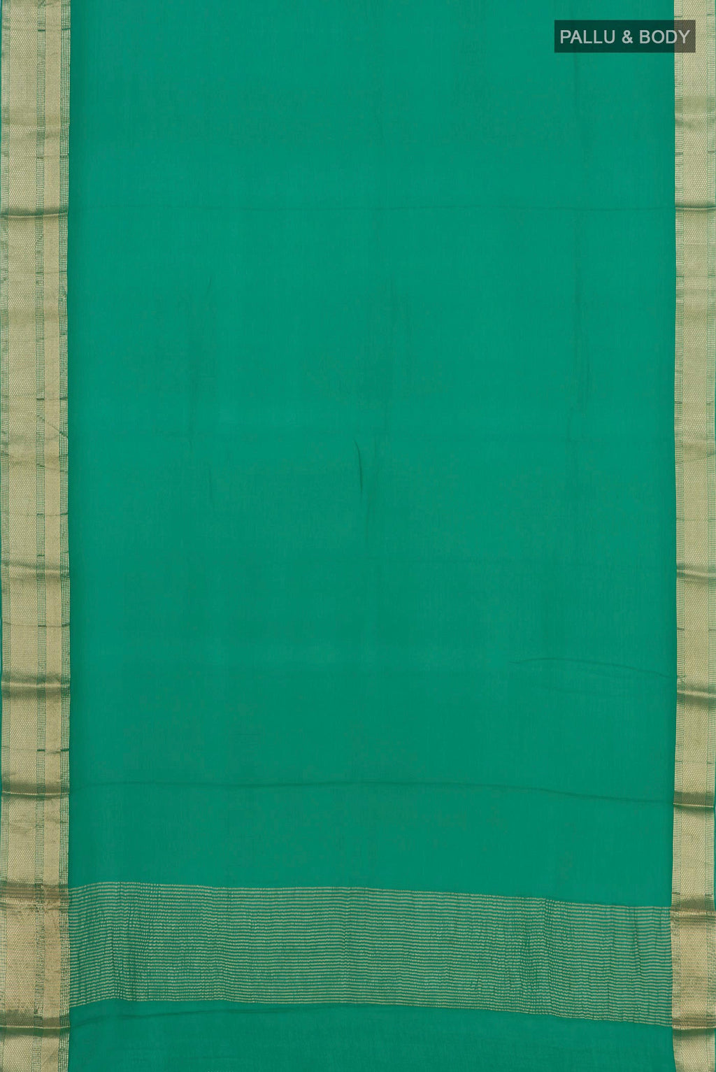 Flat view of Green Chiffon Saree with Plain Body and Attached Border. 