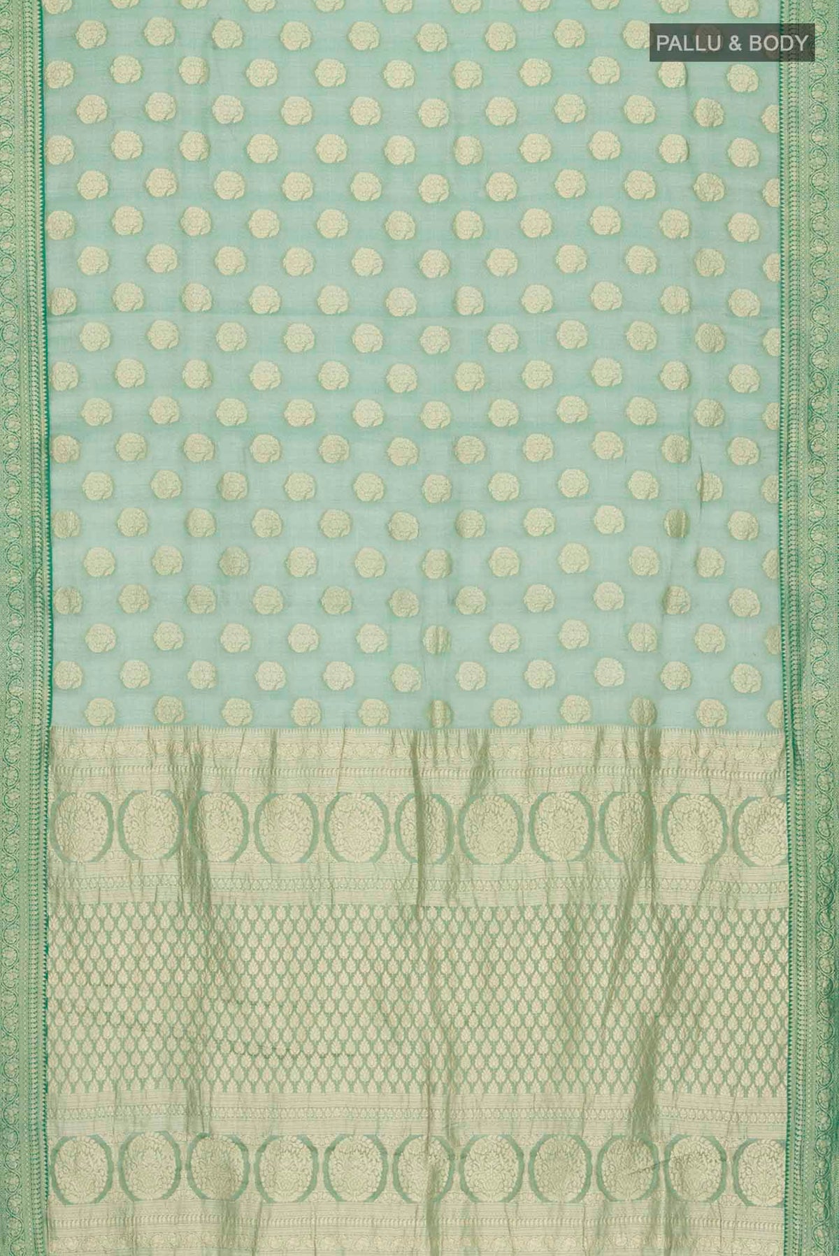 Flat view of Green Banarasi Georgette Saree with Zari Butta on the body and Zari Border