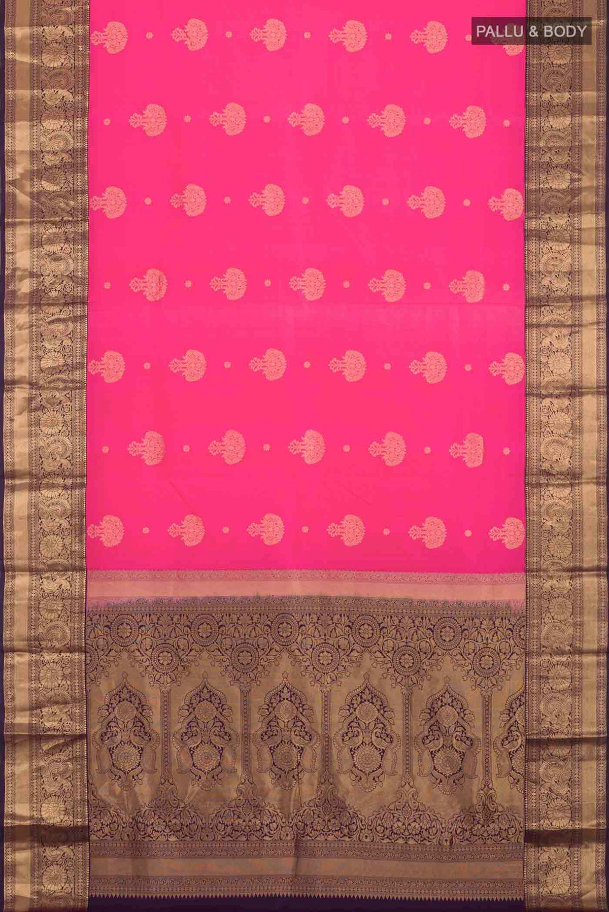 Flat view of Pink Kanchipuram Silk Saree with Zari Butta on the body and Zari Border