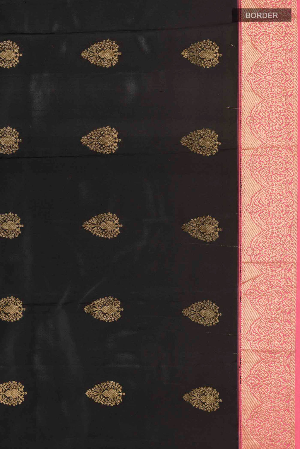 Border image of Black Kanchipuram Silk Saree with Zari Butta on the body and Zari Border