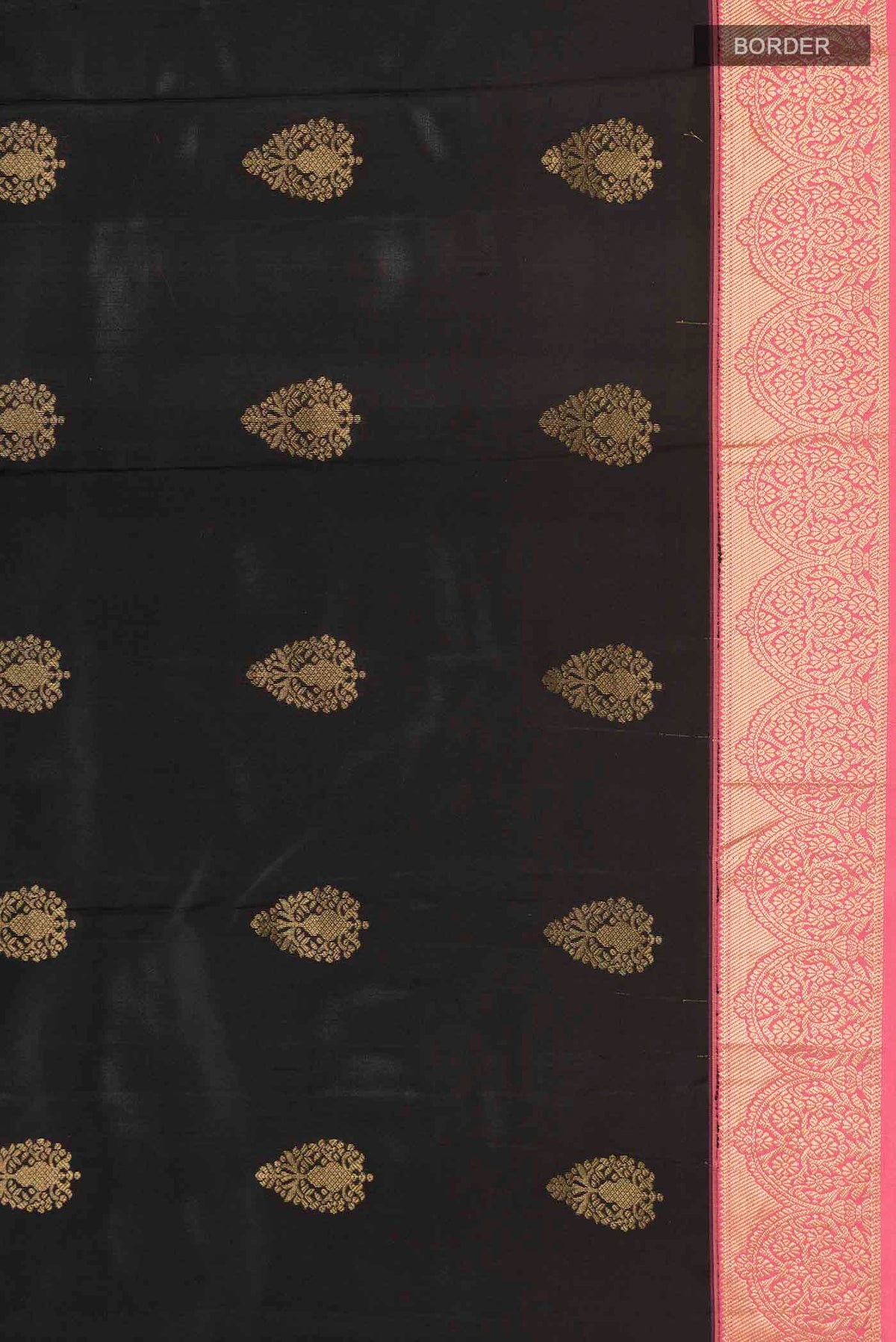 Border image of Black Kanchipuram Silk Saree with Zari Butta on the body and Zari Border